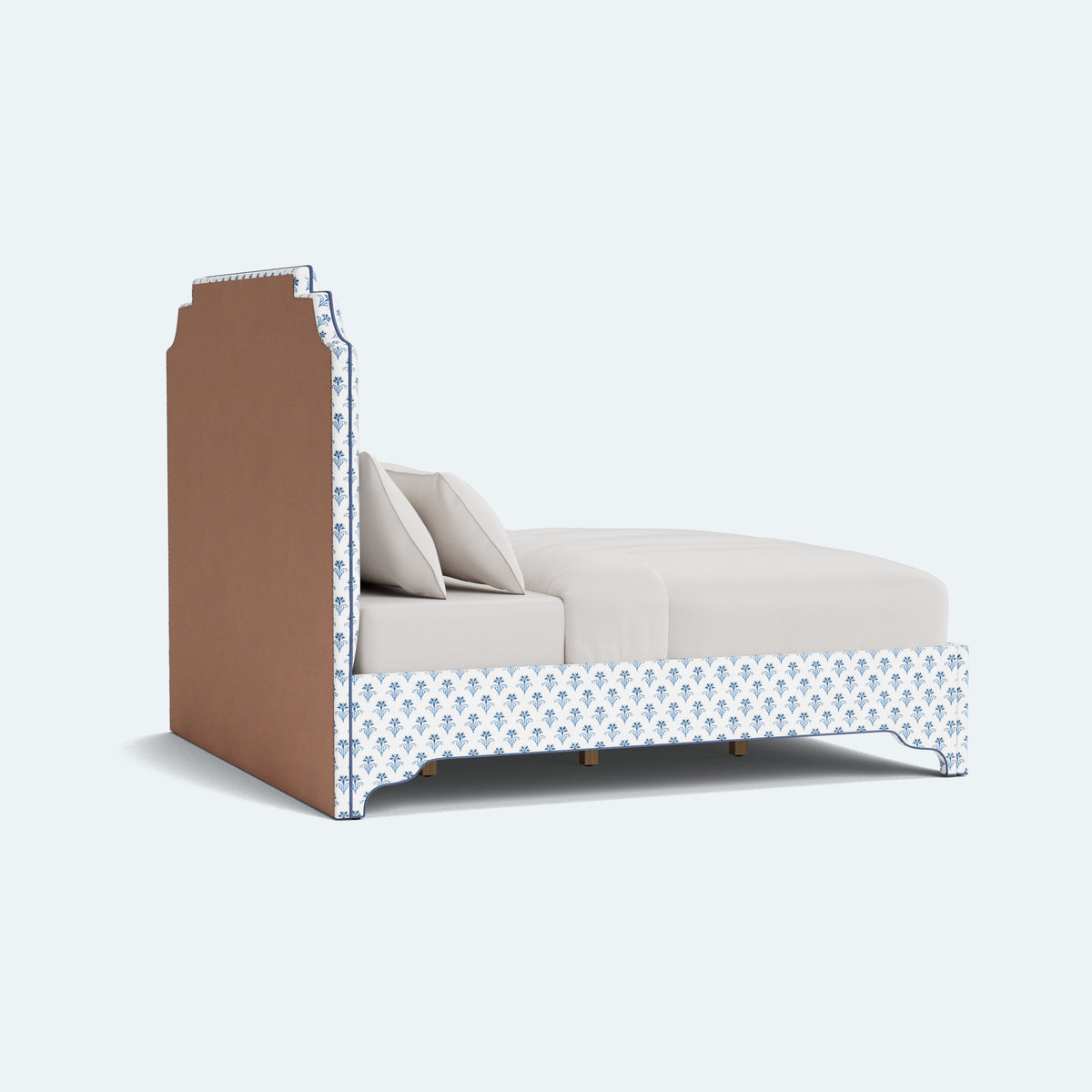 The Martha King Bed - Upholstered Legs - Lobelia Blues Fabric - Navy Trim