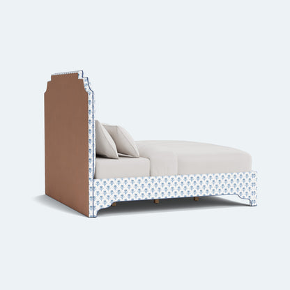 The Martha King Bed - Upholstered Legs - Lobelia Blues Fabric - Navy Trim