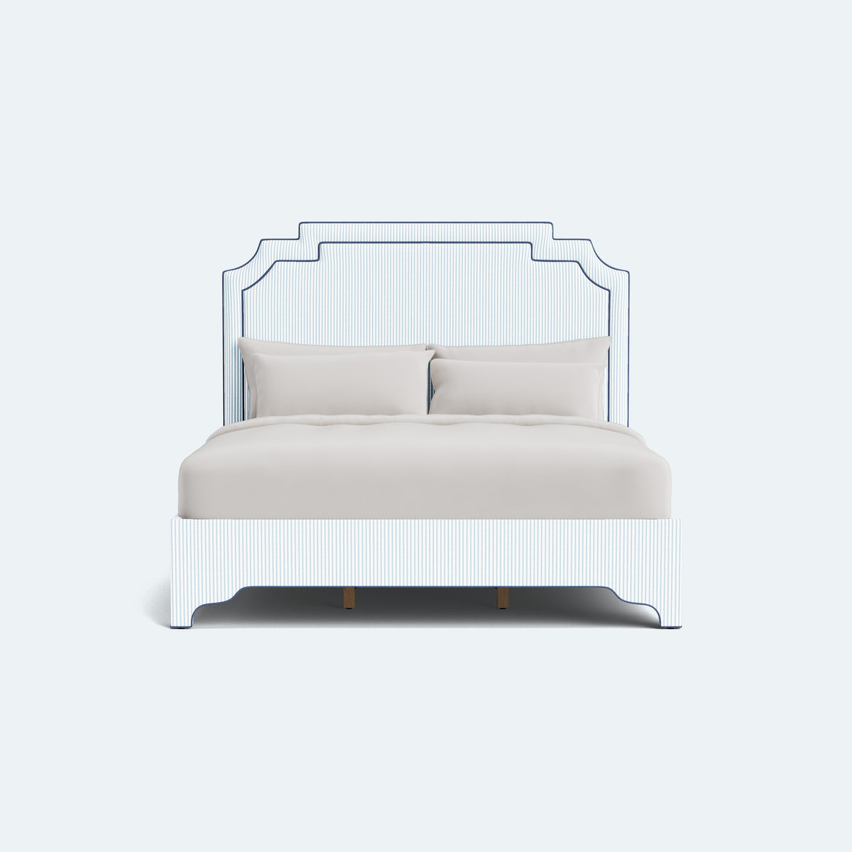 The Martha King Bed - Upholstered Legs - Classic Striped Fabric - Navy Trim