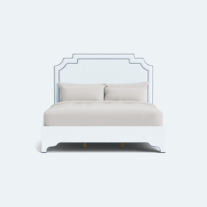 The Martha King Bed - Upholstered Legs - Classic Striped Fabric - Navy Trim