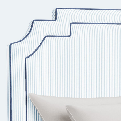 The Martha King Bed - Upholstered Legs - Classic Striped Fabric - Navy Trim