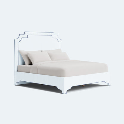 The Martha King Bed - Upholstered Legs - Classic Striped Fabric - Navy Trim