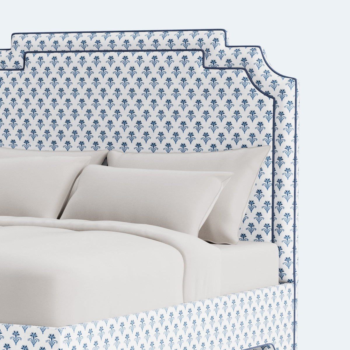 The Martha King Bed - Upholstered Legs - Lobelia Blues Fabric - Navy Trim