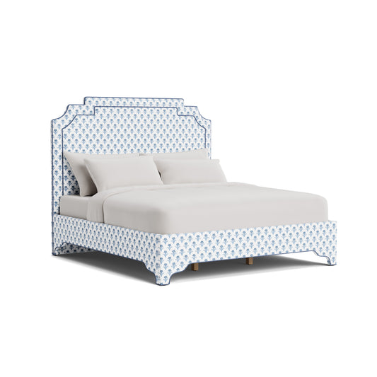 The Martha King Bed - Upholstered Legs - Lobelia Blues Fabric - Navy Trim