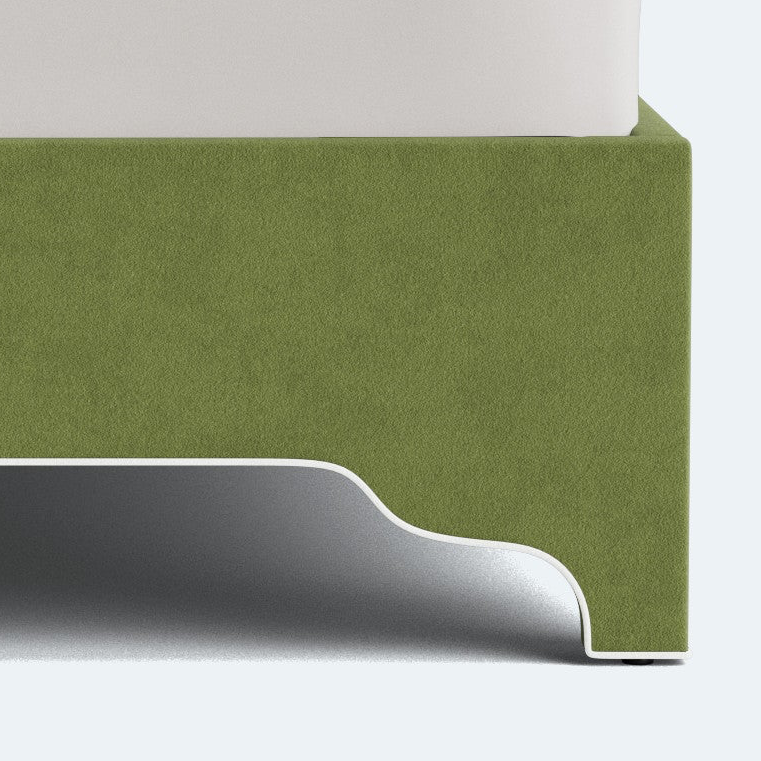 The Martha King Bed - Upholstered Legs - Forest Green Performance Velvet Fabric - White Trim