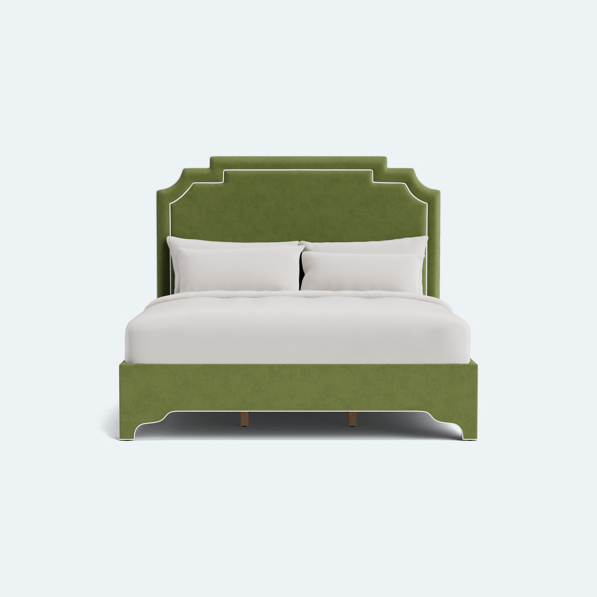 The Martha King Bed - Upholstered Legs - Forest Green Performance Velvet Fabric - White Trim