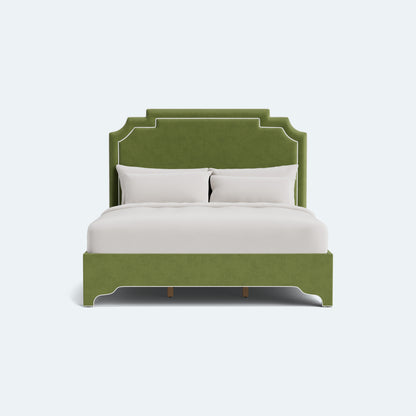 The Martha King Bed - Upholstered Legs - Forest Green Performance Velvet Fabric - White Trim