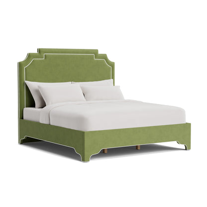 The Martha King Bed - Upholstered Legs - Forest Green Performance Velvet Fabric - White Trim
