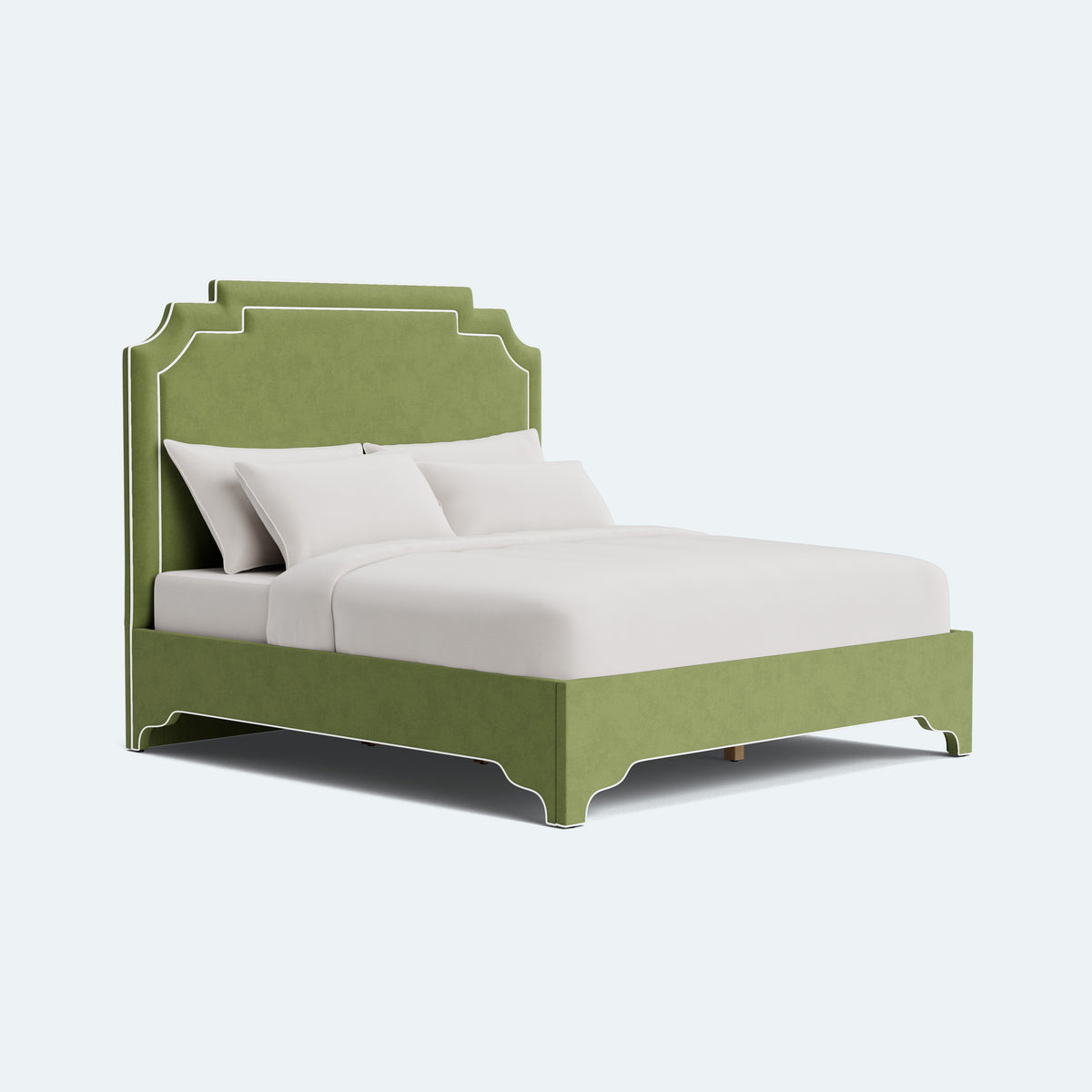 The Martha King Bed - Upholstered Legs - Forest Green Performance Velvet Fabric - White Trim