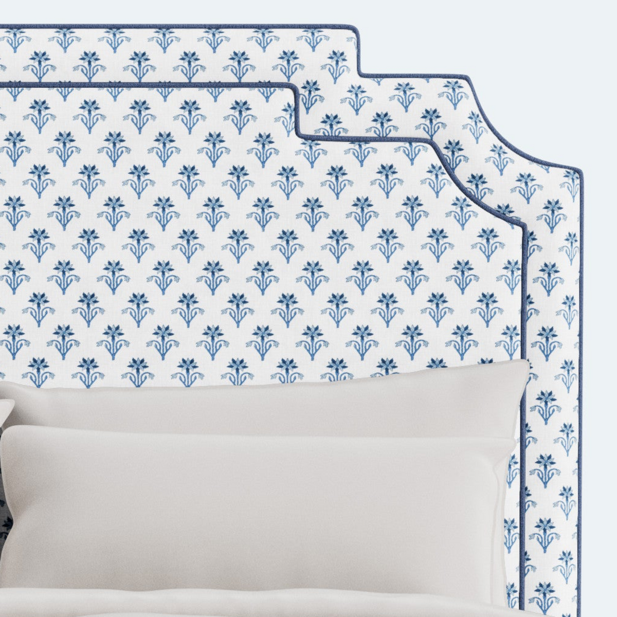 The Martha King Bed - Upholstered Legs - Lobelia Blues Fabric - Navy Trim