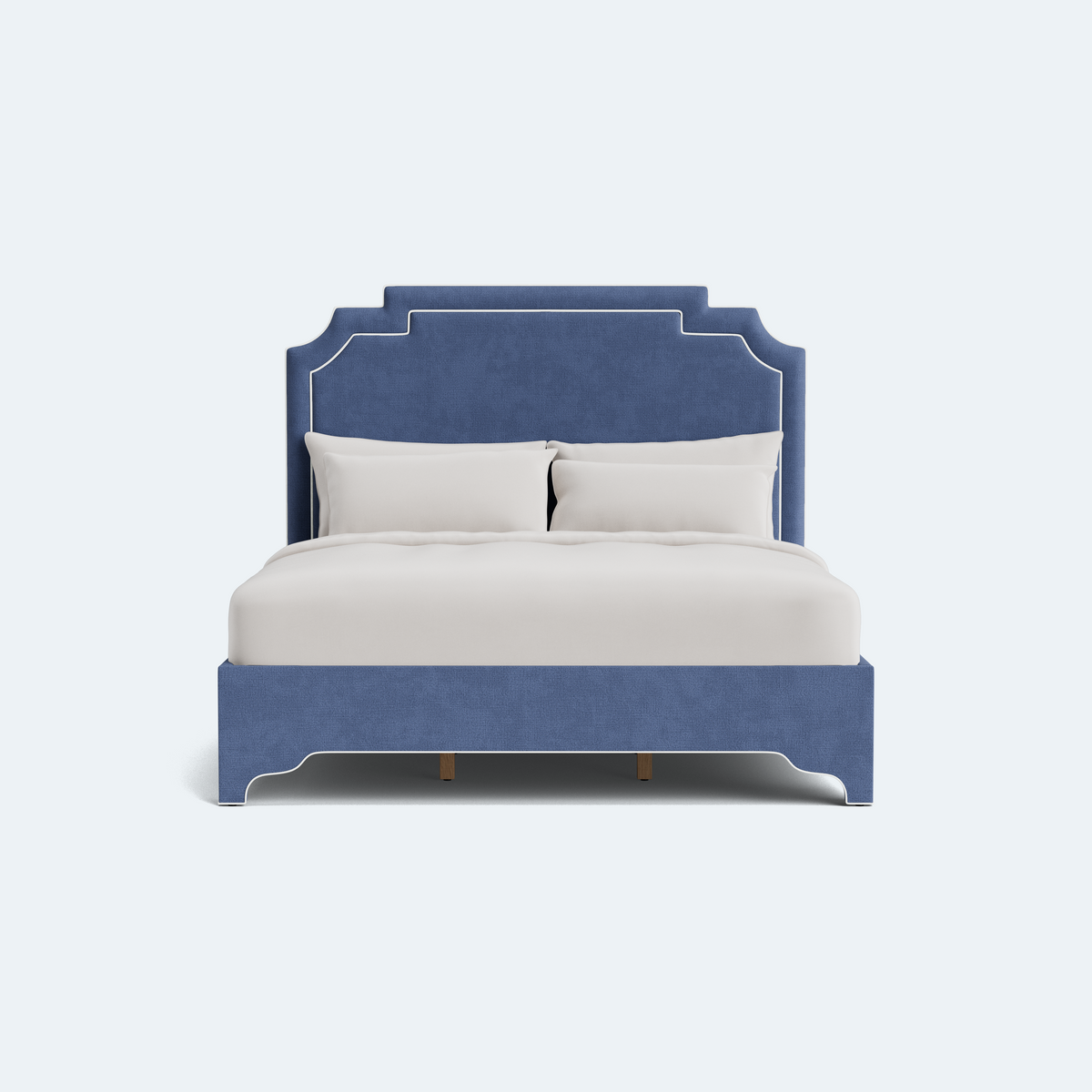 The Martha King Bed - Scalloped Legs - Navy Blue Woven Fabric - White Trim
