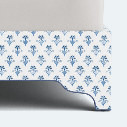 The Martha King Bed - Upholstered Legs - Lobelia Blues Fabric - Navy Trim