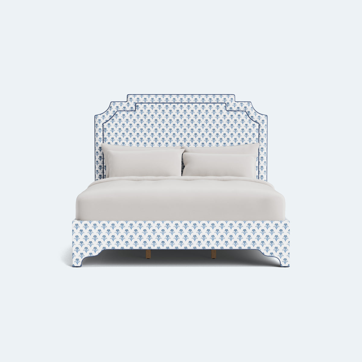 The Martha King Bed - Upholstered Legs - Lobelia Blues Fabric - Navy Trim