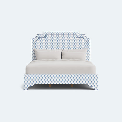 The Martha King Bed - Upholstered Legs - Lobelia Blues Fabric - Navy Trim