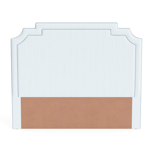 The Martha King Headboard - Classic Blue Stripe Fabric - Sky Blue Trim