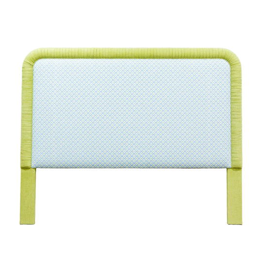 The Lorraine Queen Headboard - Mia Blue/Green - Pleated Pear Green Band