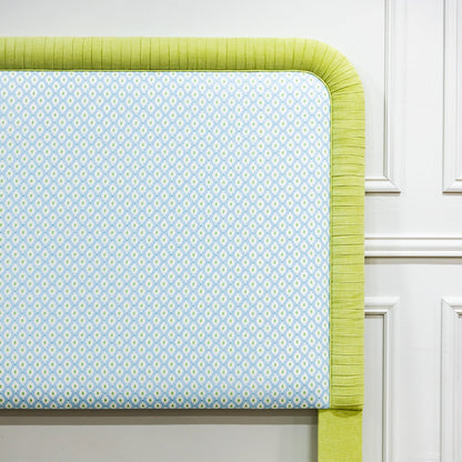 The Lorraine Queen Headboard - Mia Blue/Green - Pleated Pear Green Band