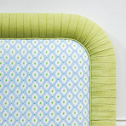 The Lorraine Queen Headboard - Mia Blue/Green - Pleated Pear Green Band