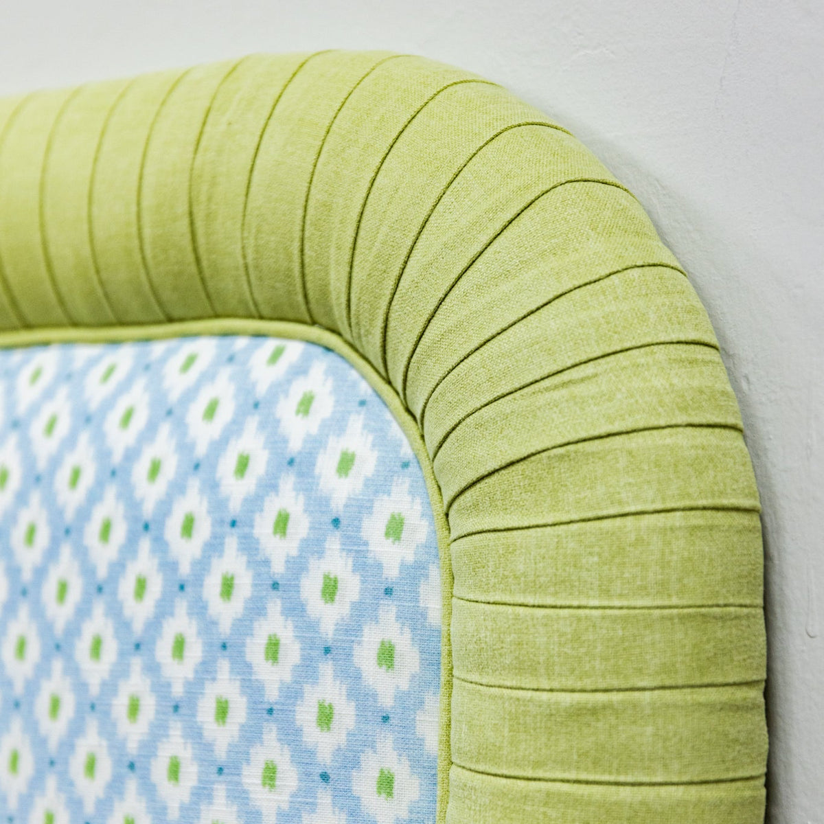 The Lorraine Queen Headboard - Mia Blue/Green - Pleated Pear Green Band