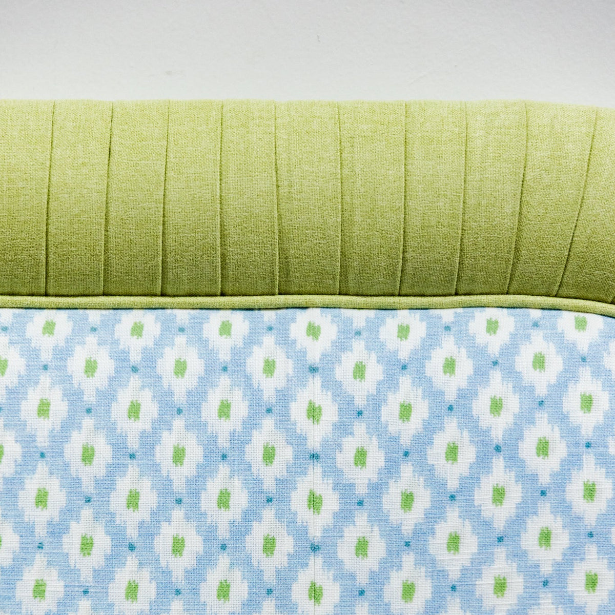 The Lorraine Queen Headboard - Mia Blue/Green - Pleated Pear Green Band