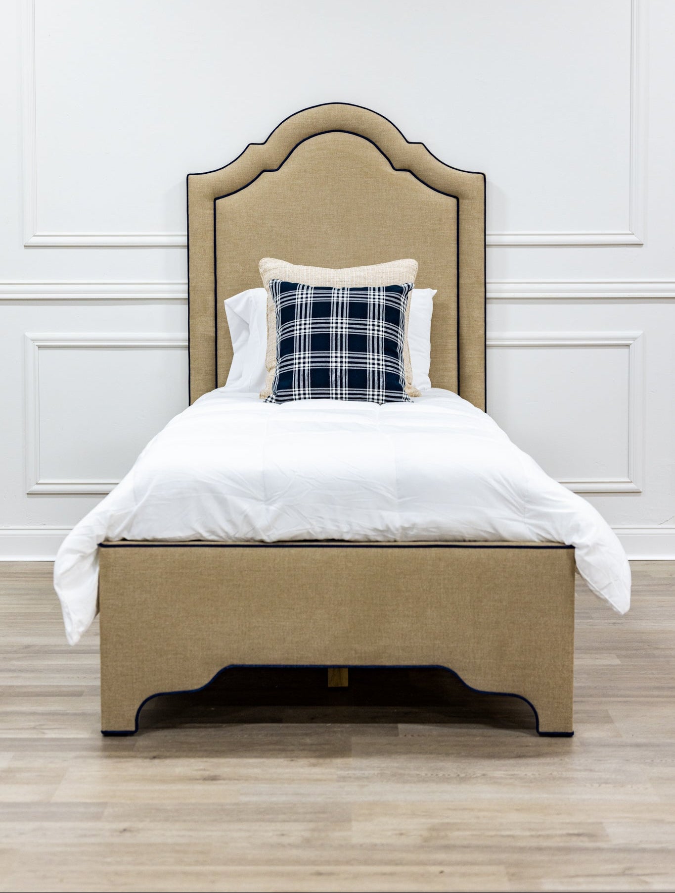 The Grace Twin Bed - Mushroom Woven Fabric - Navy trim