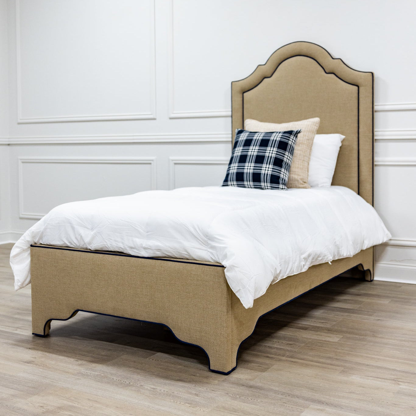 The Grace Twin Bed - Mushroom Woven Fabric - Navy trim