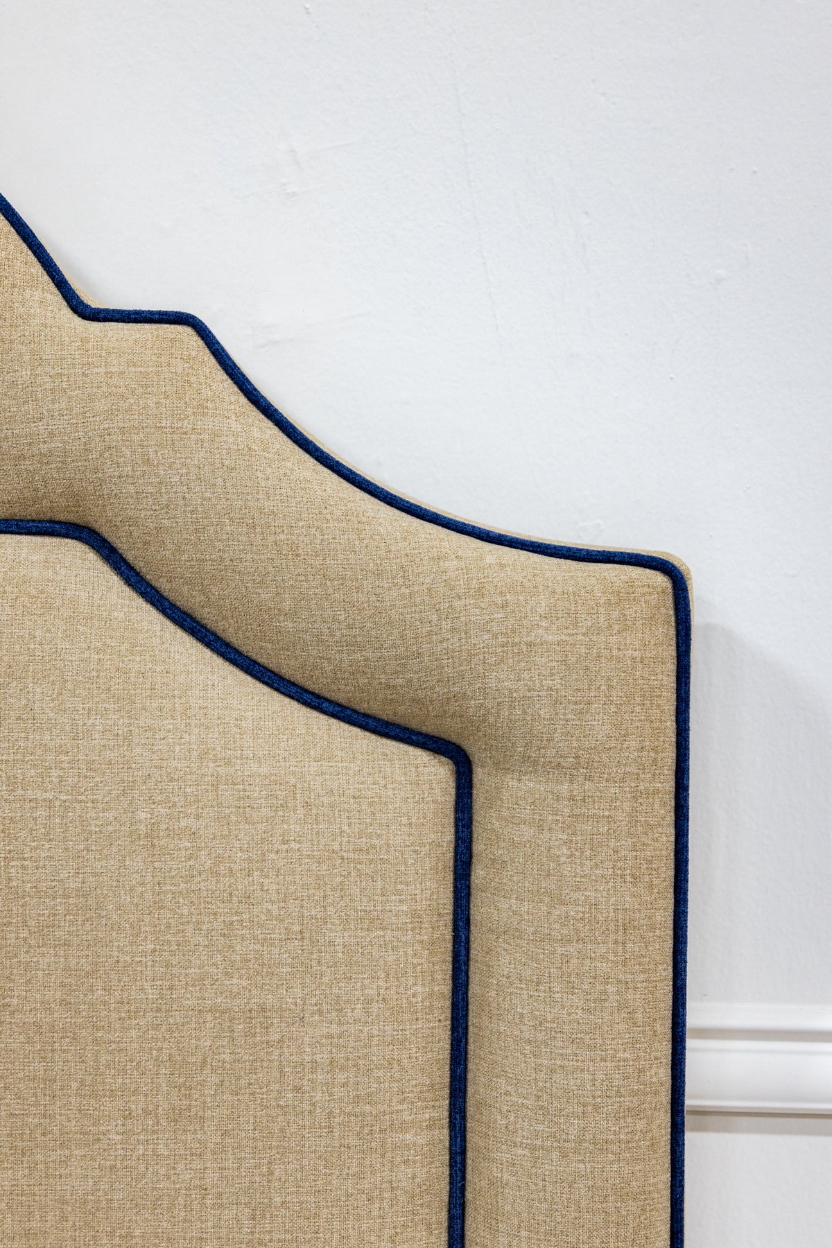 The Grace Twin Bed - Mushroom Woven Fabric - Navy trim
