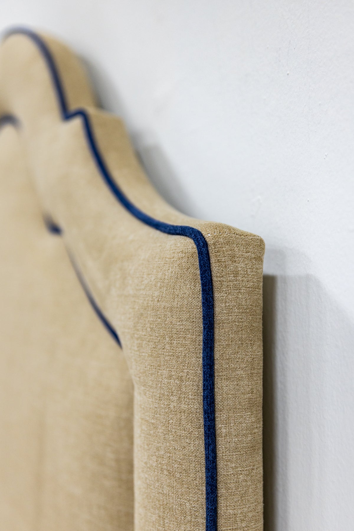 The Grace Twin Bed - Mushroom Woven Fabric - Navy trim