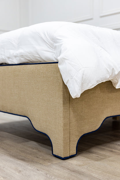 The Grace Twin Bed - Mushroom Woven Fabric - Navy trim