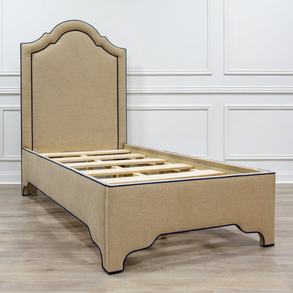 The Grace Twin Bed - Mushroom Woven Fabric - Navy trim