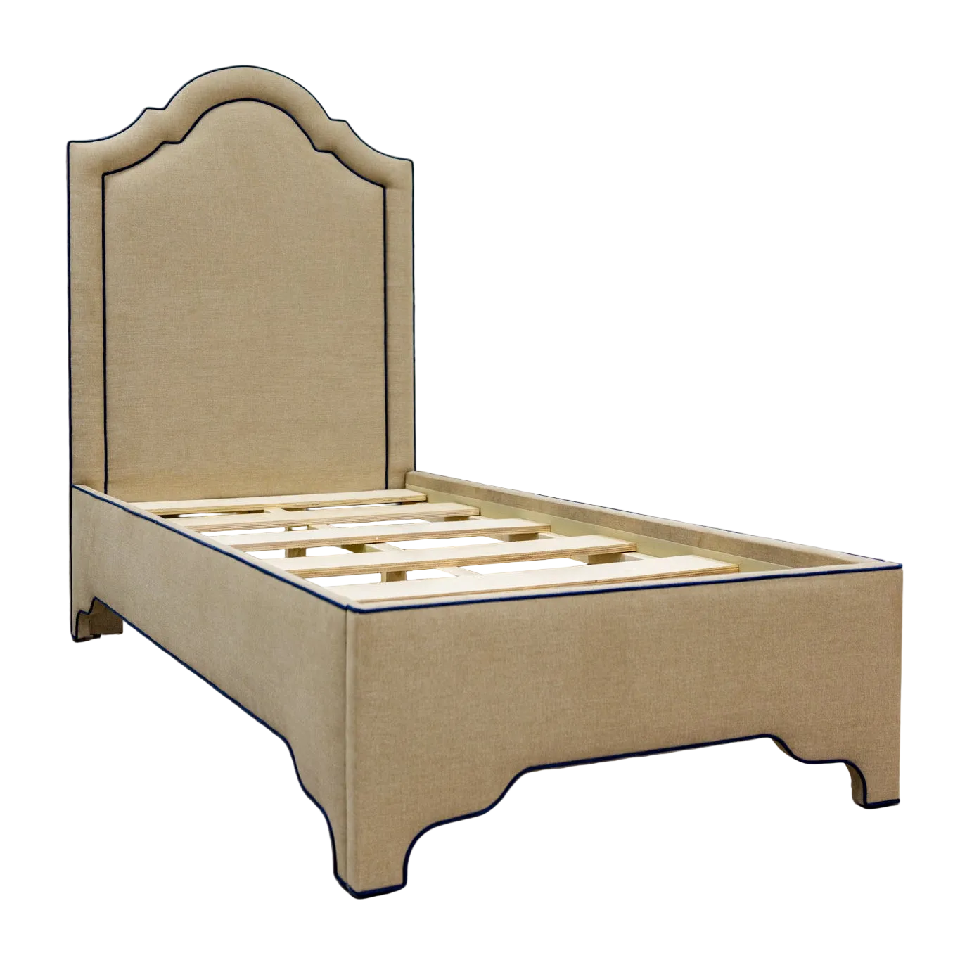 The Grace Twin Bed - Mushroom Woven Fabric - Navy trim