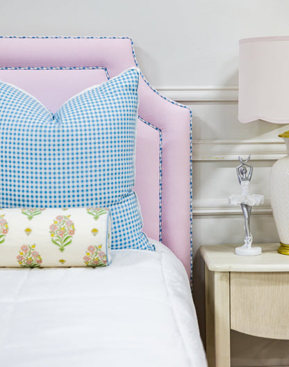 The Addison Full Bed - Scalloped Legs - Powder Pink Fabric - Blue Gingham Trim