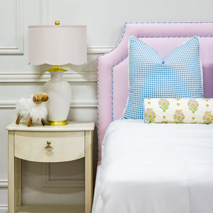 The Addison Full Bed - Scalloped Legs - Powder Pink Fabric - Blue Gingham Trim