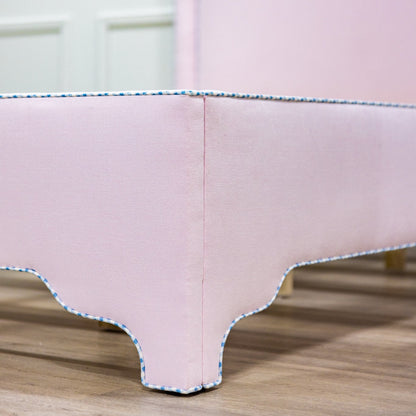 The Addison Full Bed - Scalloped Legs - Powder Pink Fabric - Blue Gingham Trim