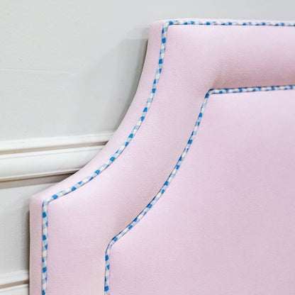 The Addison Full Bed - Scalloped Legs - Powder Pink Fabric - Blue Gingham Trim