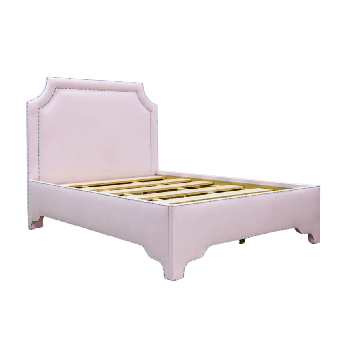 The Addison Full Bed - Scalloped Legs - Powder Pink Fabric - Blue Gingham Trim
