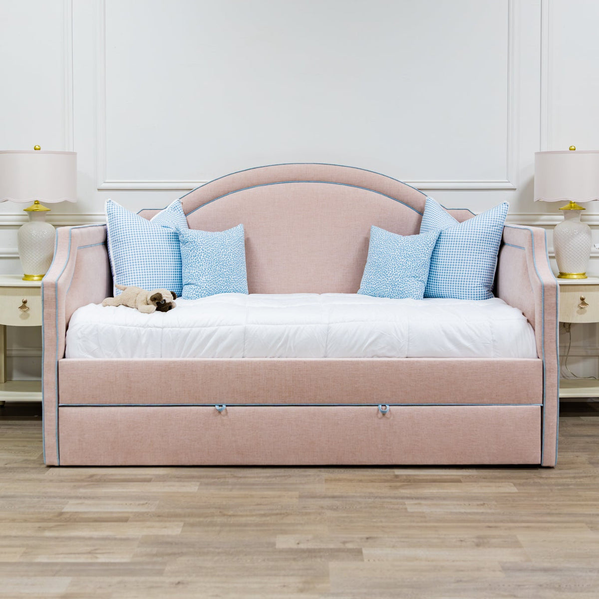 The Grace Twin Trundle Daybed - Pink Performance Chenille Fabric - Seafoam Blue Trim