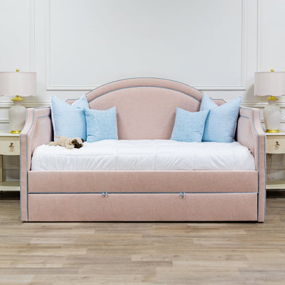 The Grace Twin Trundle Daybed - Pink Performance Chenille Fabric - Seafoam Blue Trim