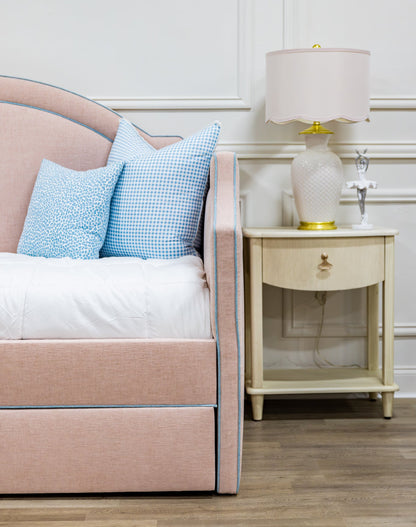 The Grace Twin Trundle Daybed - Pink Performance Chenille Fabric - Seafoam Blue Trim