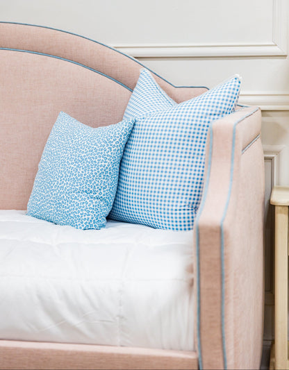 The Grace Twin Trundle Daybed - Pink Performance Chenille Fabric - Seafoam Blue Trim
