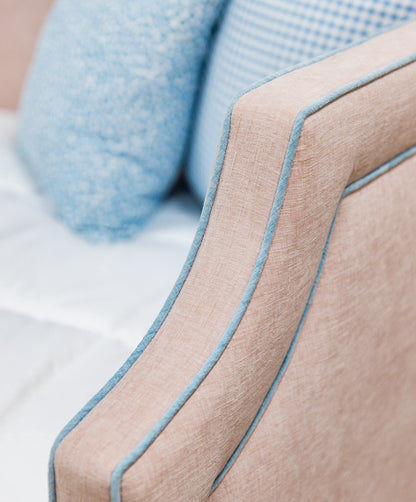 The Grace Twin Trundle Daybed - Pink Performance Chenille Fabric - Seafoam Blue Trim