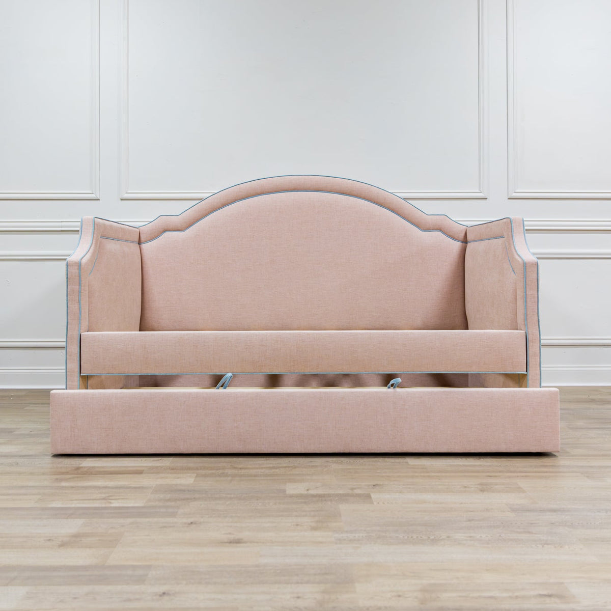The Grace Twin Trundle Daybed - Pink Performance Chenille Fabric - Seafoam Blue Trim
