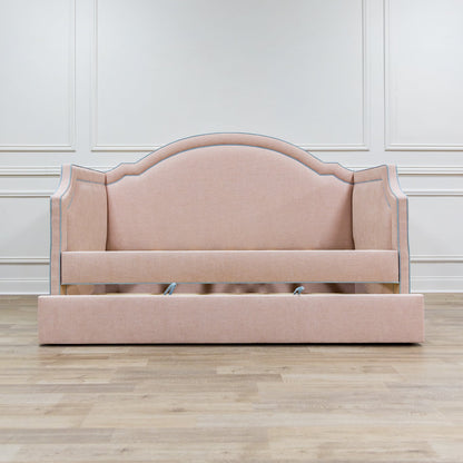 The Grace Twin Trundle Daybed - Pink Performance Chenille Fabric - Seafoam Blue Trim