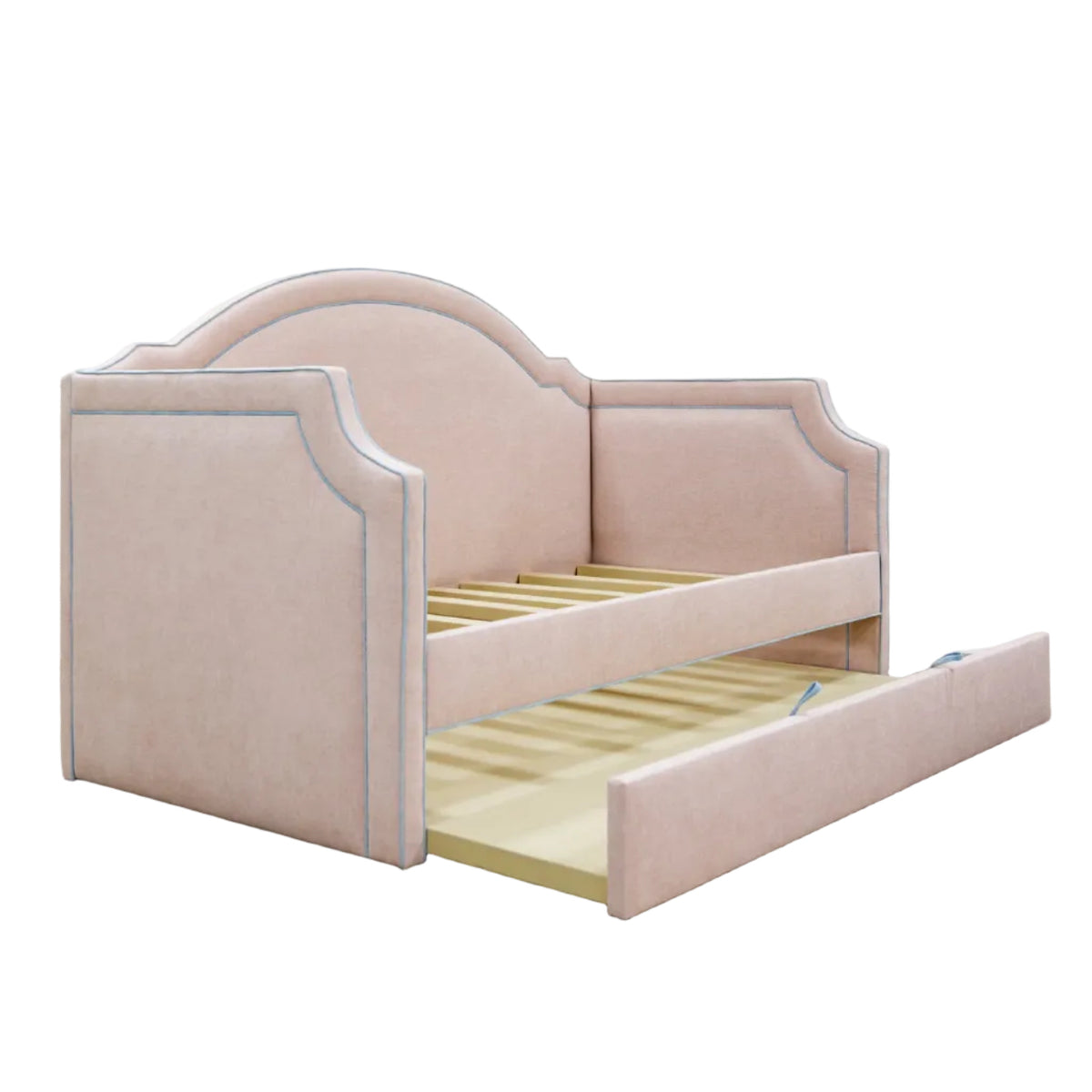 The Grace Twin Trundle Daybed - Pink Performance Chenille Fabric - Seafoam Blue Trim