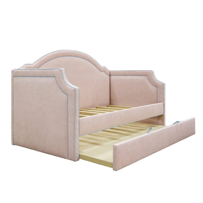 The Grace Twin Trundle Daybed - Pink Performance Chenille Fabric - Seafoam Blue Trim