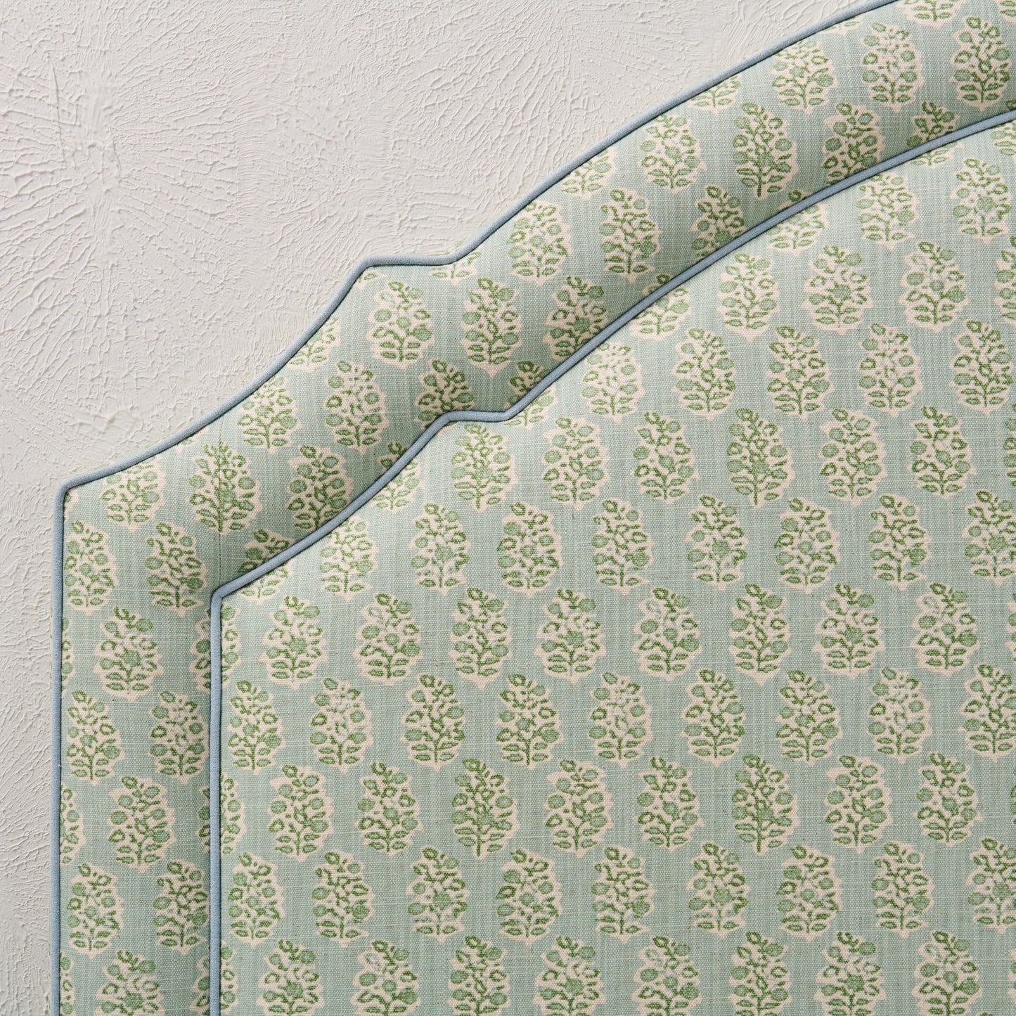 The Grace Queen Headboard - Perry Floral Green - Sky Blue Trim