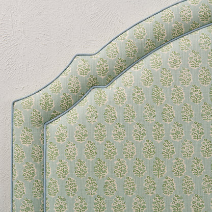The Grace Queen Headboard - Perry Floral Green - Sky Blue Trim