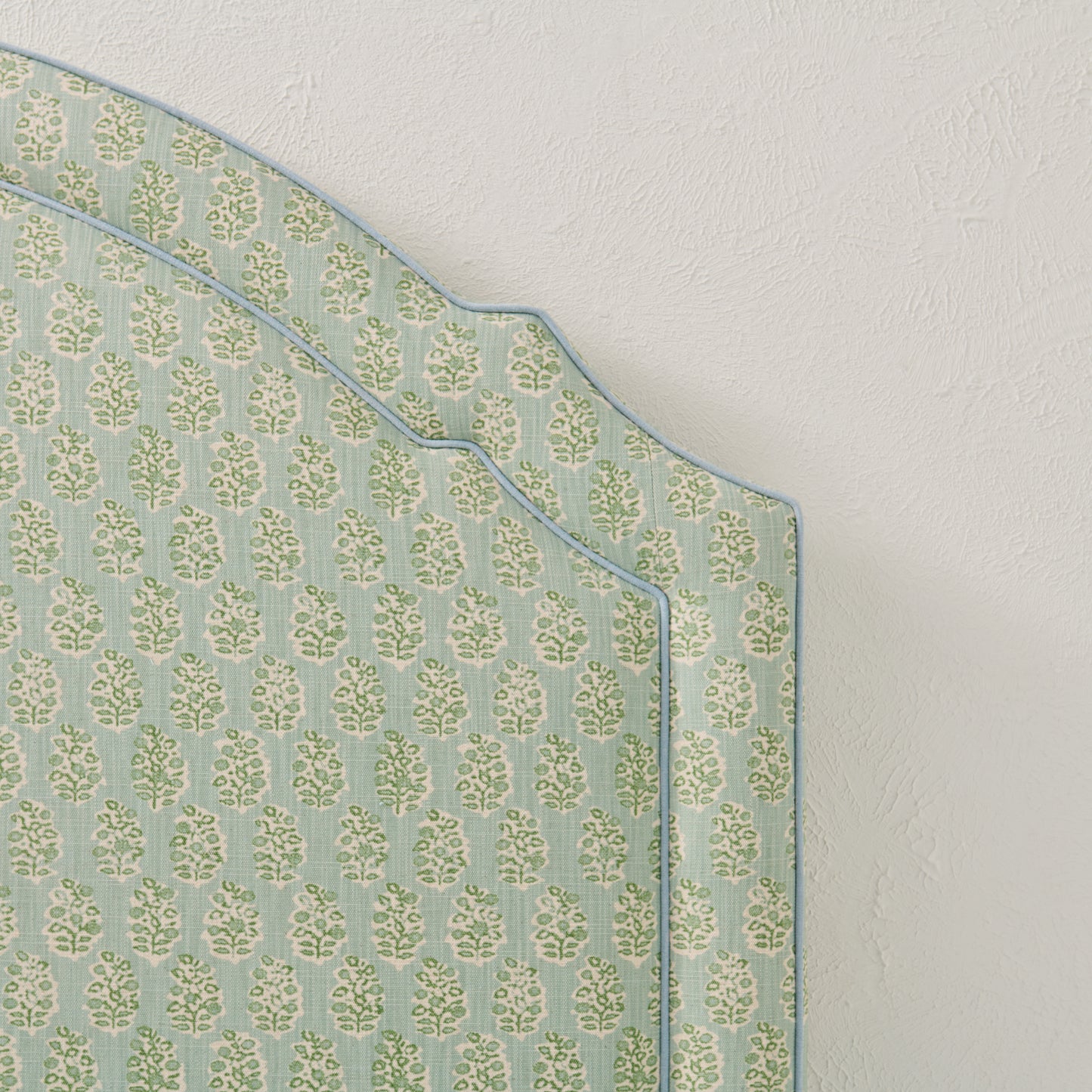 The Grace Queen Headboard - Perry Floral Green - Sky Blue Trim