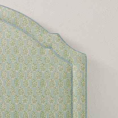 The Grace Queen Headboard - Perry Floral Green - Sky Blue Trim