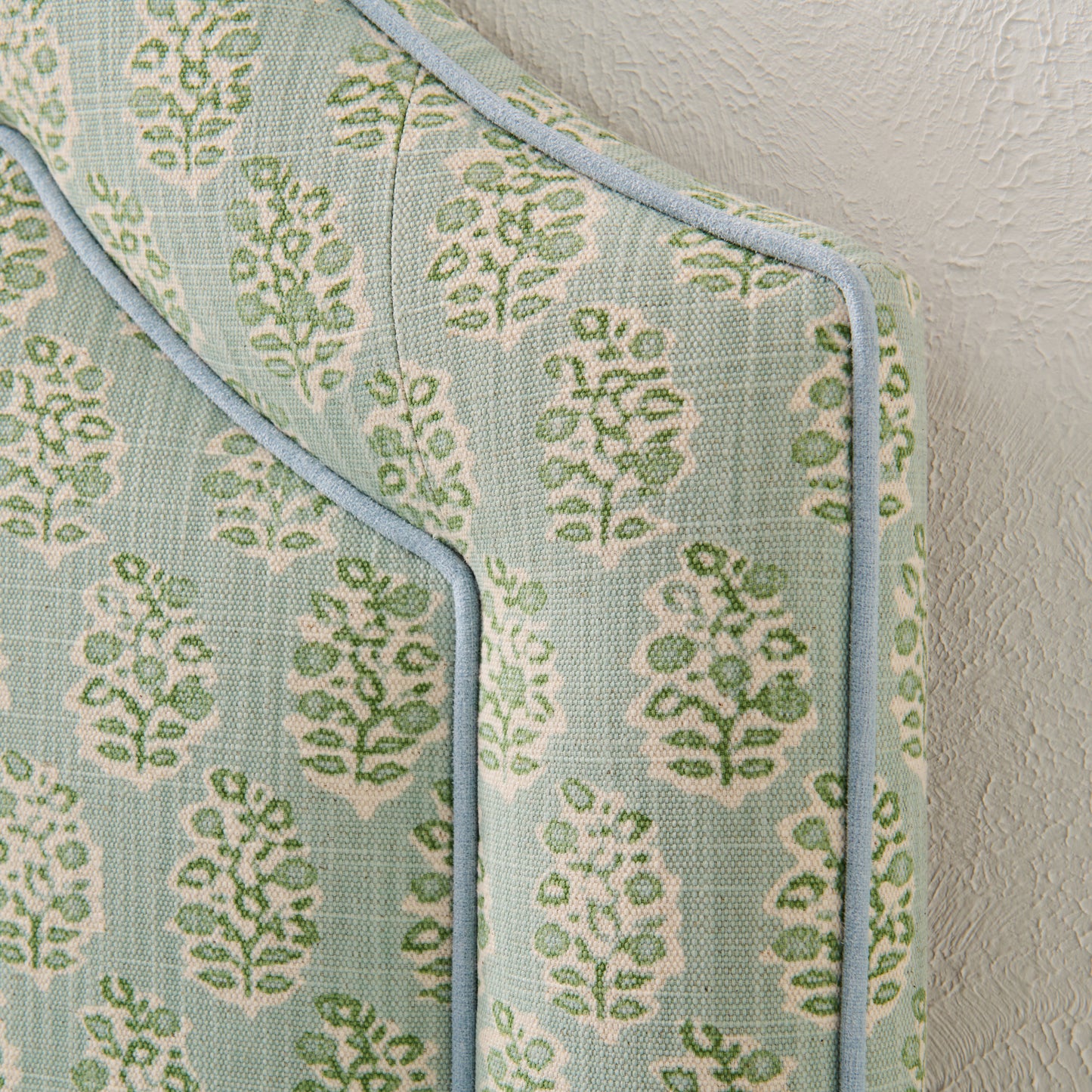 The Grace Queen Headboard - Perry Floral Green - Sky Blue Trim
